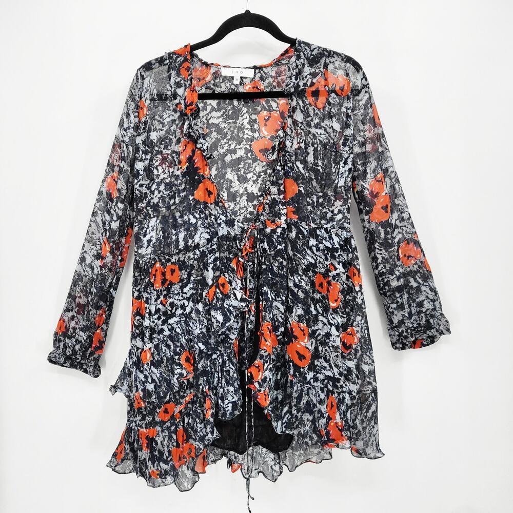 IRO Vilia Floral Print Black & Orange Ruffled Chiffon Blouse Wrap Top Women’s 36